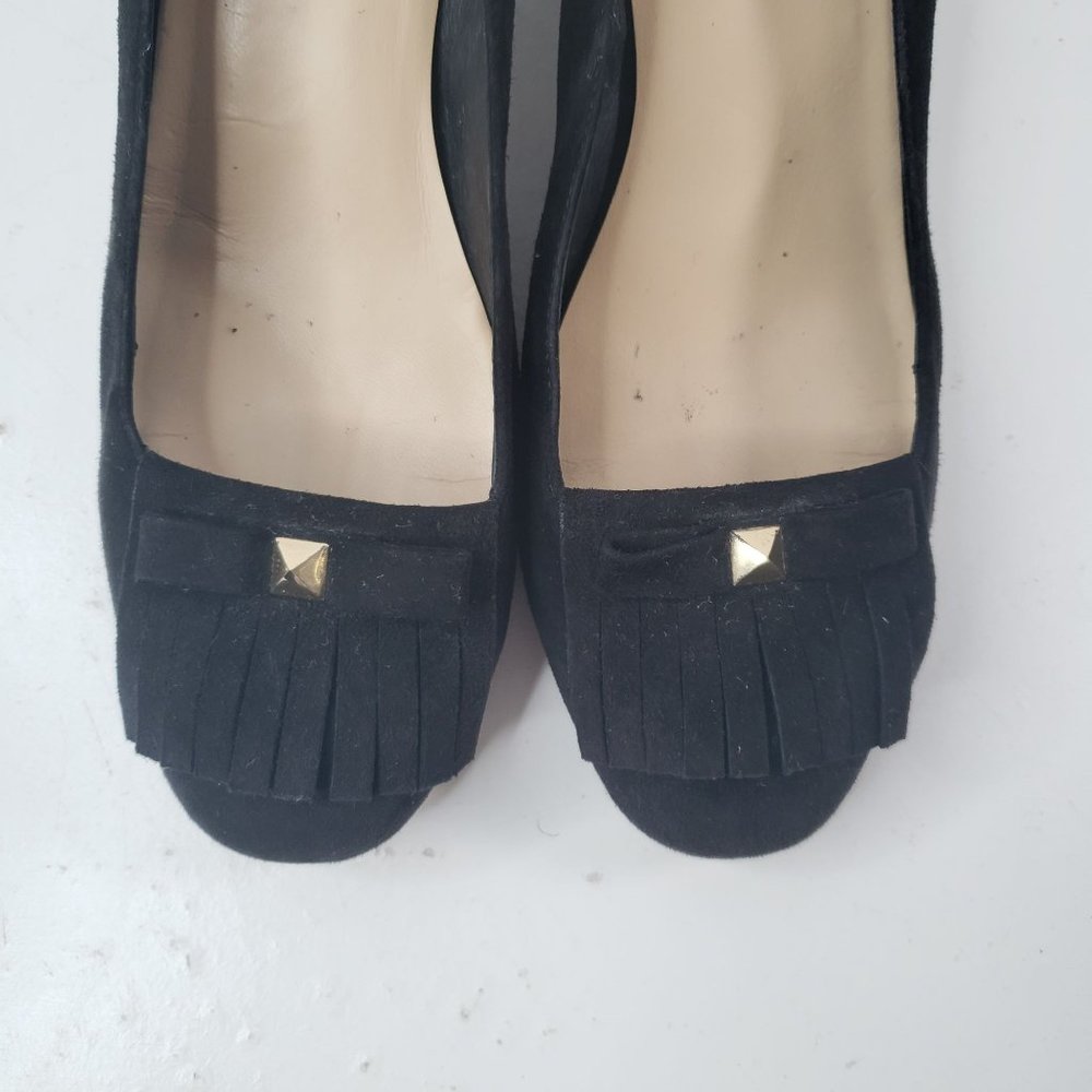 Kate Spade Kiltie Block Heel Pumps Sz 10 Black Suede Slip On Dressy Bow Heels - Picture 2 of 12